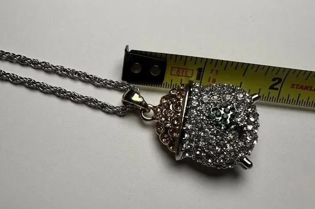 Lucky Pot Of Gold Green Clover Rhinestone Silver Tone Necklace St Patrick’s Day