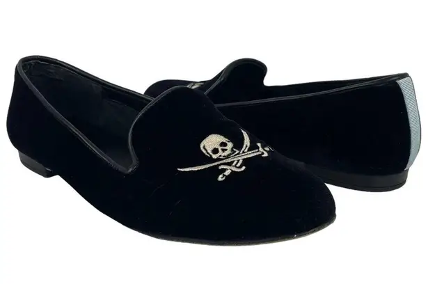 Jon Josef Black Velvet Gatsby Embroidered Skull Flat Loafers Shoes Size 7.5