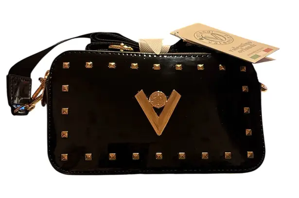 Valentino Orlandi Black Patent Leather Crossbody Camera Bag with Gold Hardware