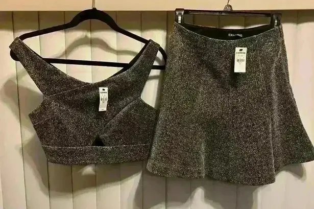 EXPRESS NWT  Silver Metallic Criss Cross Cut-Out
Crop Тор S and Matching skirt 2 thumbnail 1