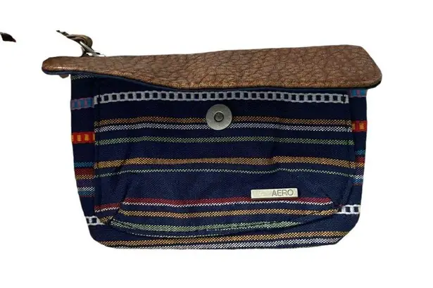 Aero women's small navy blue striped wristlet pouch bag clutch leather flap