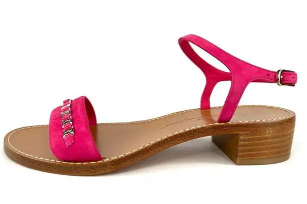 Salvatore Ferragamo Tremiti Gancini Chain Logo Pink Suede Ankle Strap Sandals 7