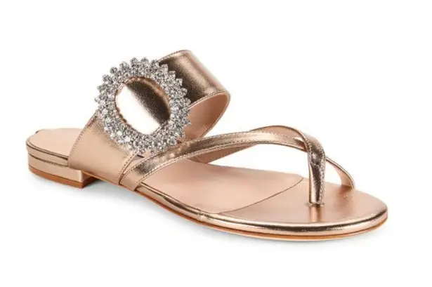 SJP by Sarah Jessica Parker Jinx Crystal Buckle Flat Sandals Gold Size 9