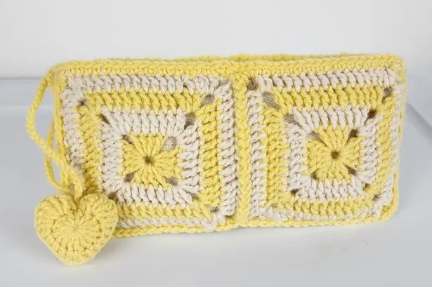 New Handcrafted Crochet Clutch Yellow Cream Case Granny Heart Crochet Charm