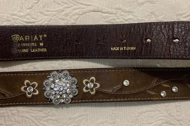 Ariat Brown Floral Rhinestone Genuine Leather Silver Buckle Western Concho Belt