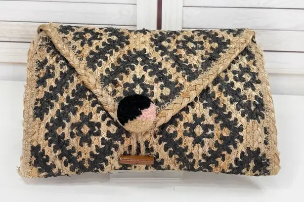 America & Beyond Printed Woven Jute Boho Envelope Clutch Bag Tan Black