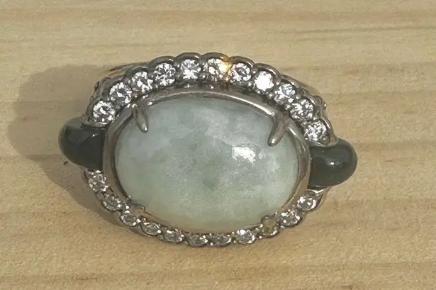 Sterling Silver Celadon Jade & Black Onyx CZ Filigree Ring