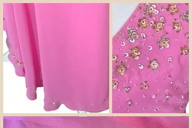 Vintage 90s Y2K Pink Whimsical Beaded Sequin Flower Prom Dress XL Fairycore Glam