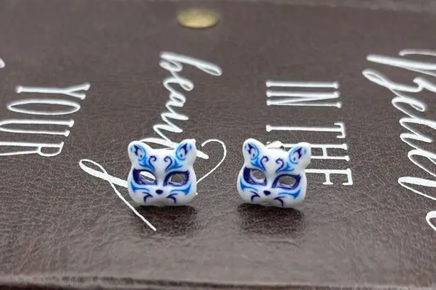 Handmade Cute Tiny Blue Masquerade Oriental Kitty Cat Stud Earrings