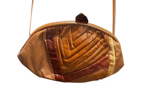 Vintage Sharif Leather Patchwork Purse 1980s Crossbody Bag Brown Tan Retro