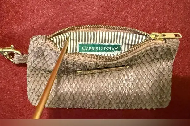 Carrie Dunham Leather Python Metallic Taupe Wristlet Zipper Closure