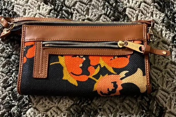 Spartina 449 Navy and Brown Clutch with Floral Pattern and Gold Accents