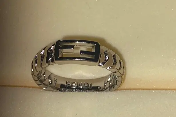 Fendi Baguette Metal Palladio Silver Ring Size S