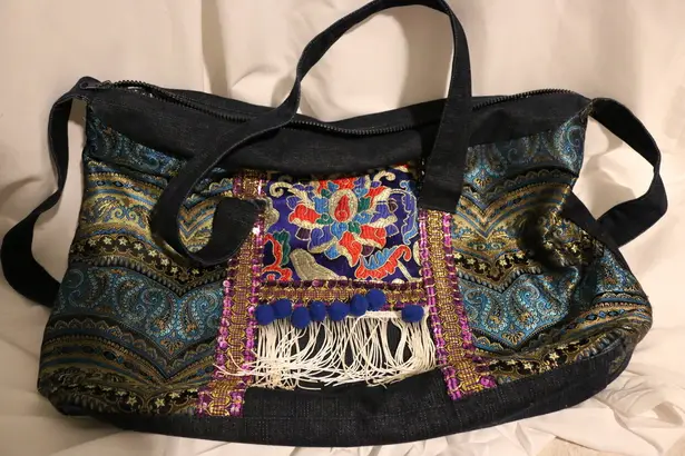 Denim Overnight Messenger Bag Ethnic Embroidery Travel Carry On Weekender Large Tote with Fringes