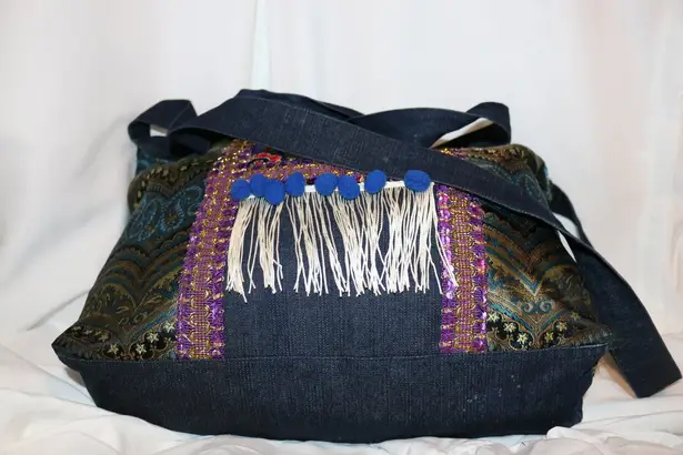 Denim Overnight Messenger Bag Ethnic Embroidery Travel Carry On Weekender Large Tote with Fringes