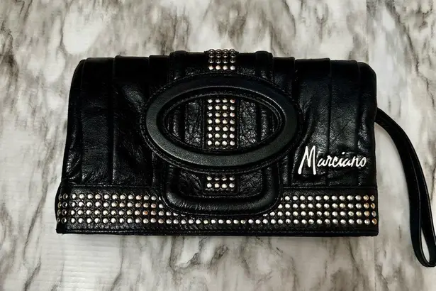 Marciano Black Leather Studded Flip Up Wristlet Clutch Hollywood Biker Mob Wife