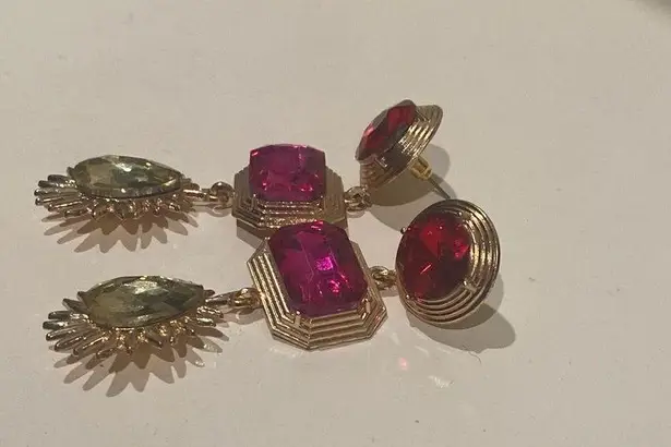 Earrings drop dangle fuchsia is pink red and yellow large rhinestone