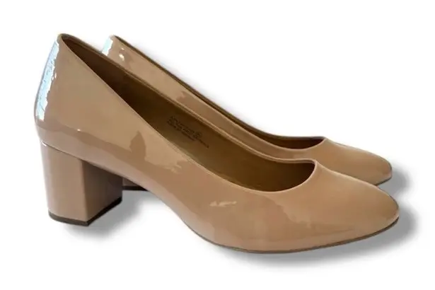 Aerosoles Eye Candy Pump Women's Size 8.5 Nude Faux Patent Leather Block Heel