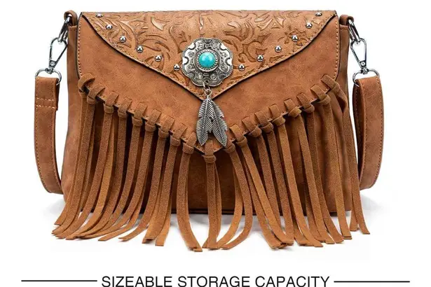 Western Fringed Brown Crossbody Bag with Turquoise Accent