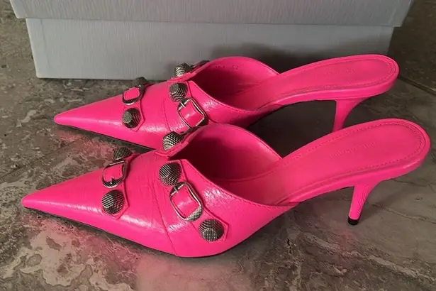 Balenciaga Cagole Pointed Toe Mules Mule in Fluo Pink/Aged Nickel, Size 37 NEW