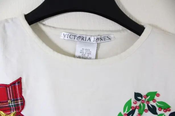 Victoria Jones Vintage 90s  Beaded Appliqué Cat Christmas 3/4 Sleeve Shirt Top