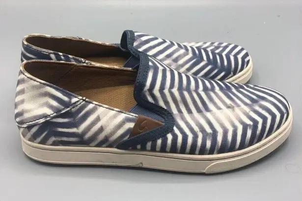 Olukai  Shoes Womens 7 Pehuea Pai Slip On Sneakers Blue White Canvas Stripe Low