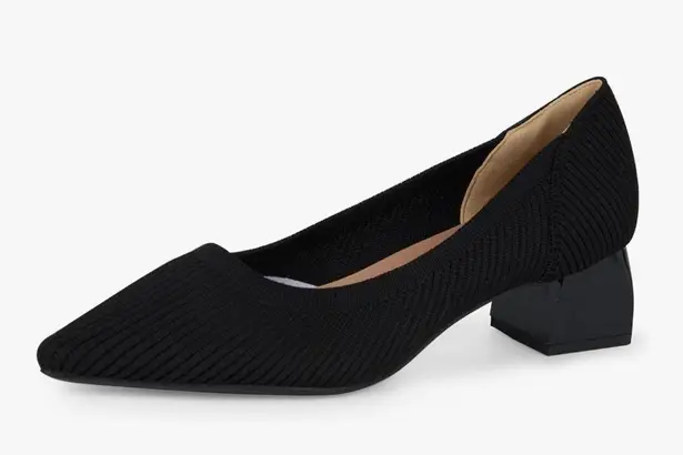 Black Knit ribbed fabric block heel Pointed Toe Pump Shoes Low Heel shiny black Size 10