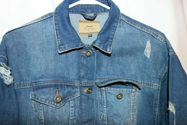 Only Blue Denim 100% Cotton Longline Jacket Womens Size EUR36 Medium Mid Distressed
