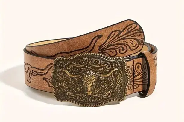 Western Bull Head Buckle Unisex‎ Belt Vintage Embossed Brown PU Leather Belt Size M