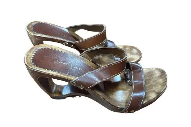 Italian Shoemakers Contesa Wood Look Wedge Brown Sandals Sz 6 Made In Italy