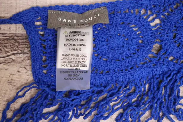 Sans Souci NWOT Blue Crochet Boho Festival Hippie Cropped Fringe Halter Top sz Small