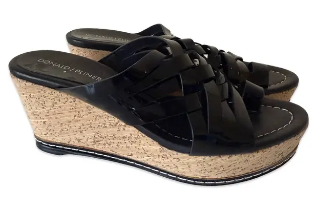 DONALD J PLINER Sandals Women Size 6 Metallic Gold SHEENA 2 Cork Platform Wedge Black