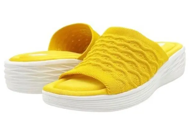 Ryka Nanette Stretch Knit Slide Demi-Wedge Slip-On Sandal Yellow White Size 9.5