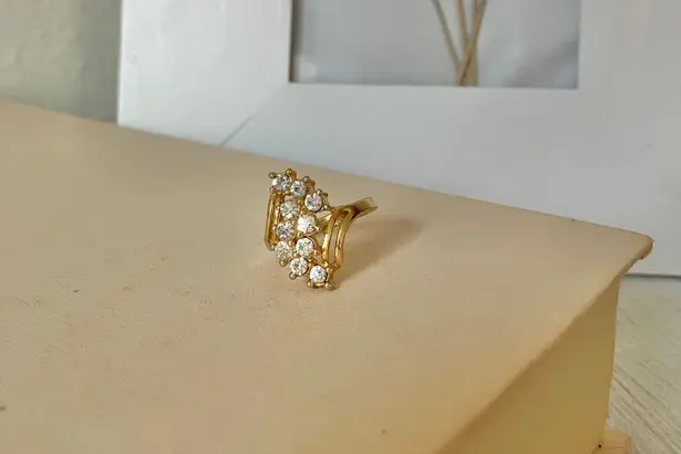 Gold & Sparkly Rhinestone Swoop Cluster Statement Cocktail Ring “Eireann” Femme Jewelry