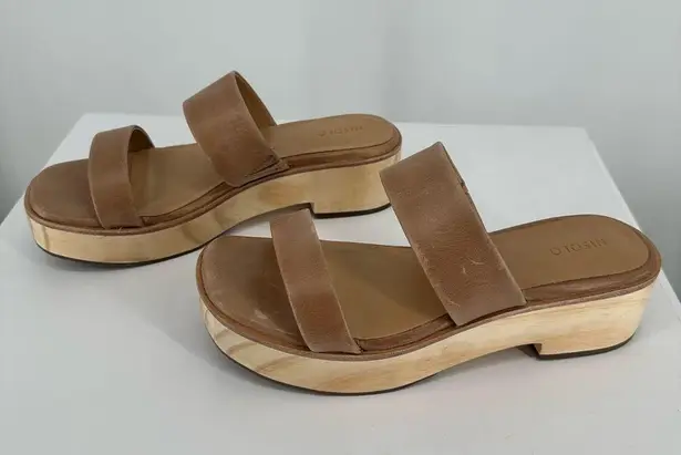 Nisolo Ellie All Day Leather Sandals sz 8.5 Double Strap Wood Bottom Heeled Clog Tan