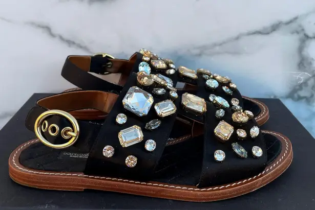 Dolce & Gabbana women’s jeweled satin flat sandal size IT 37.5 US 7.5