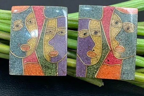 Vintage 70's Modernist Colorful Abstract Faces Resin Lucite Large Earrings 16.8g