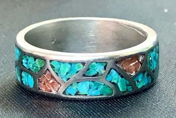 Sterling Silver Southwest Native Crushed Turquoise Coral Mosaic Ring Sz 12-1/2