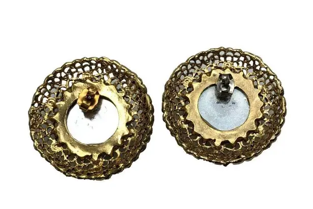 Vintage Blue  Rhinestone Gold Filigree Statement Earrings Costume Fashion Avon