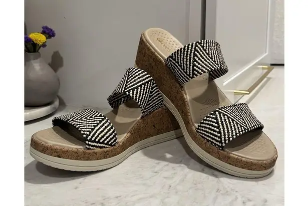 Bzees For Lifestride Resort Raffia Wedge Sandals Women's Sz 10 Black White Beige