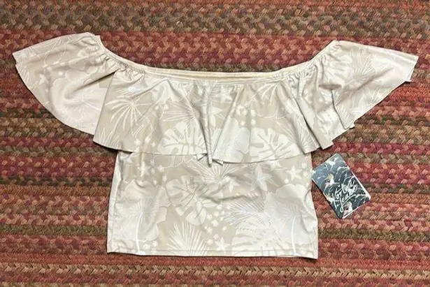 Kortni Jeane NWT TAN PALM LEAF OFF THE SHOULDER SWIM TOP MODEST