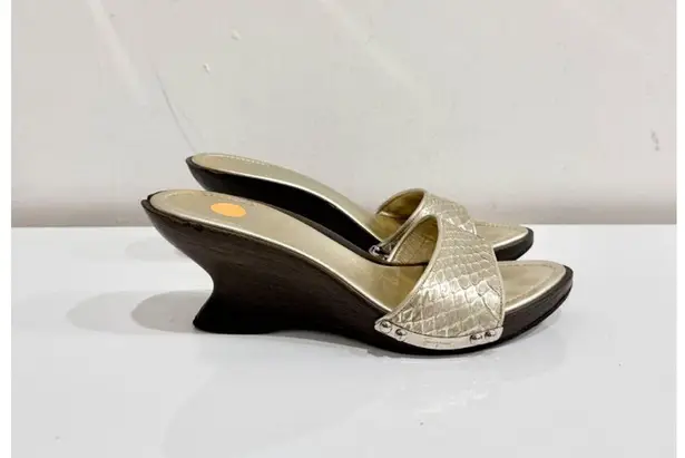 Salvatore Ferragamo Snakeskin Leather Slide Sandals Metallic Gold Women's US 7.5