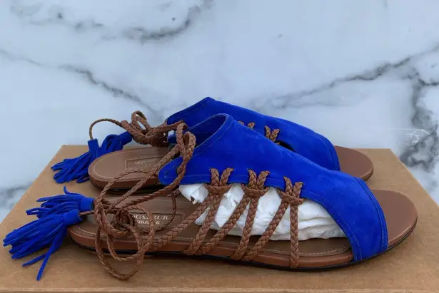 Aquazzura women’s braided blue suede ankle-tie flat sandal size IT 38.5 US 8.5