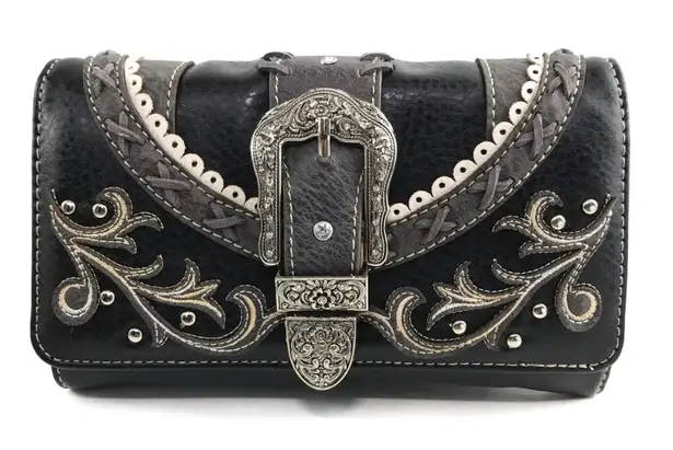 Western Leather Buckle Crossbody Wallet! Black