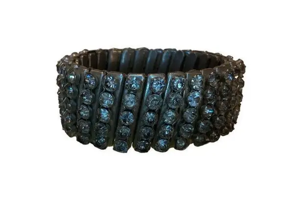 Vintage Accordian Rhinestone Stretch Cuff Bracelet Gemstones Silver Tone Bling E