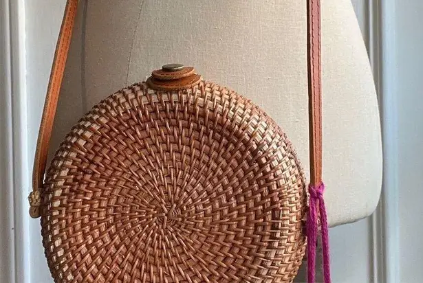 Handmade Rattan Crossbody Bag Floral Lining Leather Strap Boho Summer