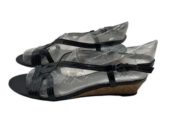 Life Stride Size 7M Black Casual Strappy Cork Wedge Adjustable Strap Sandals