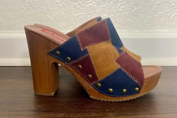 Unionbay Retro Boho Y2K Brown Burgundy Blue Yellow Patchwork Platform Mules 7.5