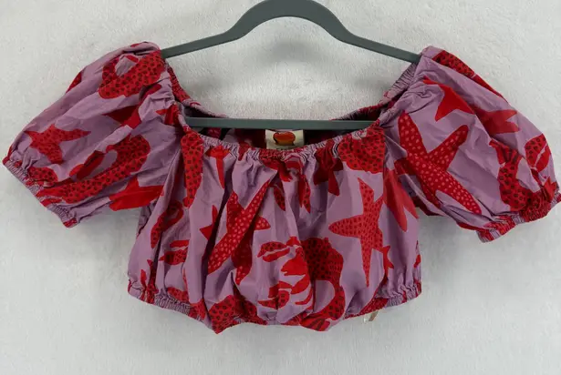 Farm Rio Womens Crop Top Red Starfish Lobster Print Short Puff Sleeve Sz S