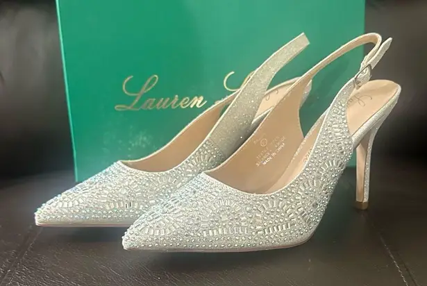 Lauren Lorraine Rachel Silver Shimmer Pointed Toe Embellished Slingback Pumps